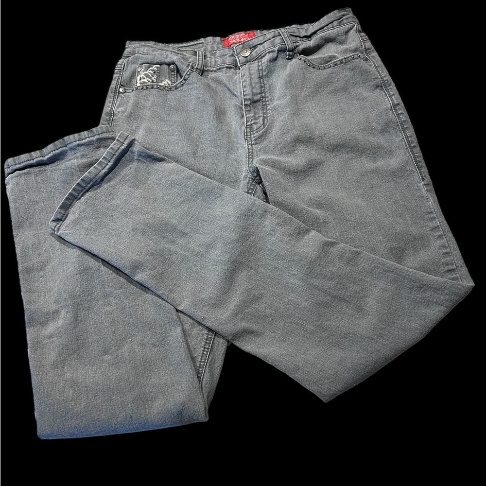 COS Jeans in a medium grey with embroidery on the back pockets and 1 front one